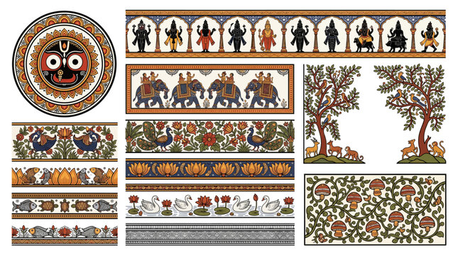 Odisha Pattachitra Palm Leaf Painting Border Frame Vector Set with Jagannath Dashavatara Kalpavriksha Elephant Peacock Lotus Fish and Traditional Design