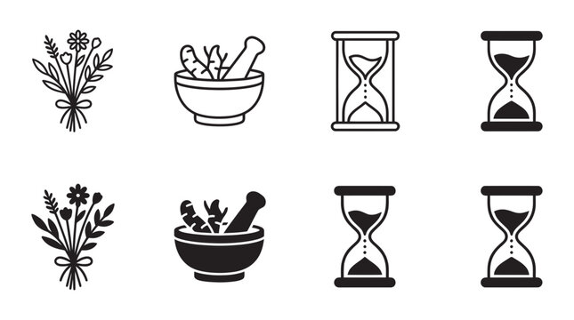 Herbal medicine and time management icon set with hourglass medicine wellness pharmacy holistic treatment duration