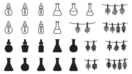 Obraz premium Laboratory glassware and botanical herb drying icon set with laboratory glassware chemistry experiment botanical