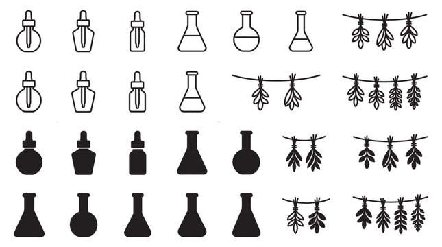 Laboratory glassware and botanical herb drying icon set with laboratory glassware chemistry experiment botanical