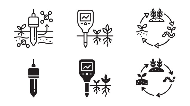 Agriculture science and farming monitoring icons showing plant soil nutrients, p h levels and crop cycle progression