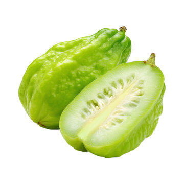Whole and Cut Half Fresh Chayote Squashes Isolated on Transparent Background. PNG. Generated AI