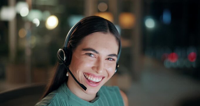 Headset, face and consultant in office at night with multilingual advisory for global client. Happy, woman and portrait of call center agent with mic for international customer support in workplace.