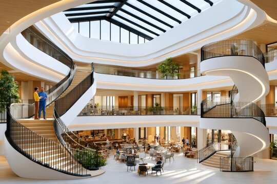 Sunlit contemporary atrium with sweeping staircases, open office seating and people collaborating in a modern workspace