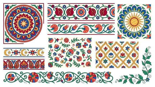 Uzbek Suzani Embroidery Silk Border Frame Vector Set with Rosette Medallion Pomegranate Carnation Tulip Sun Crescent Paisley and Chain Stitch Design