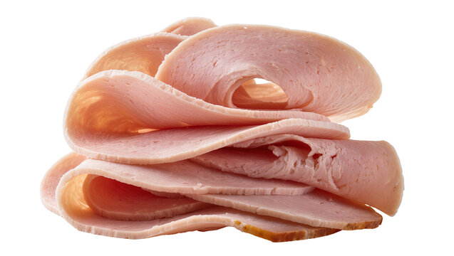 Stack of thinly sliced pink ham slices, isolated on transparent background
