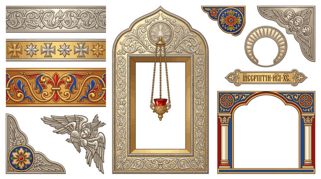Russian Orthodox Icon Painting Oklad Riza Border Frame Vector Set with Silver Gilt Revetment Cloisonne Enamel Nimbus Halo Cherubim Seraphim and Sacred Design