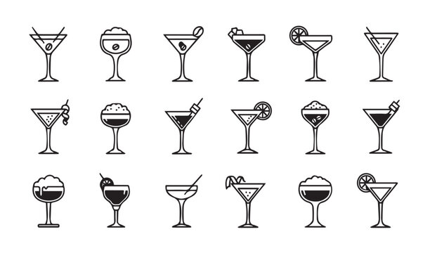 Assorted cocktail glasses collection in minimalist line art style on a white background