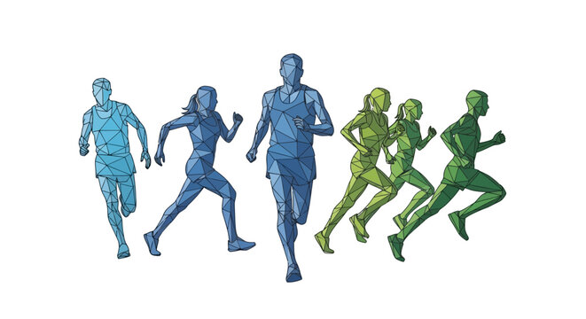 Diverse group of runners in low-poly style, abstract athletic figures, vibrant colors, white background