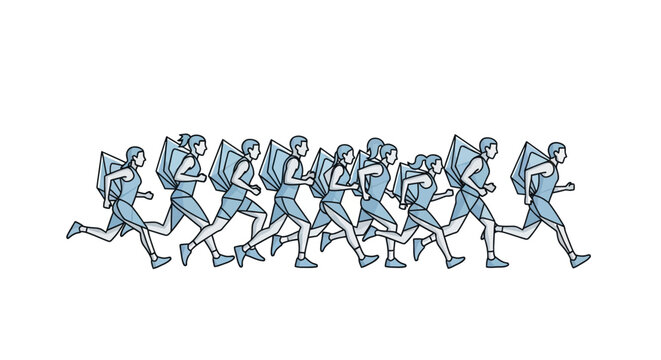Diverse Group of Runners with Backpacks in Motion