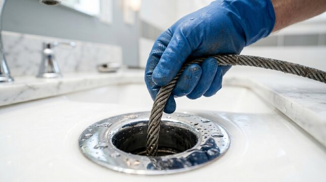 Hand in blue rubber glove inserting a professional metal drain snake auger tool into a clogged sink to clear a severe pipe blockage.