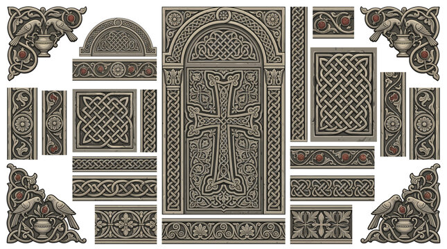 Armenian Khachkar Stone Cross Lace Border Frame Vector Set with Negative Space Interlace Rosette Vine Paired Birds Solomon Knot Pomegranate and Sacred Design