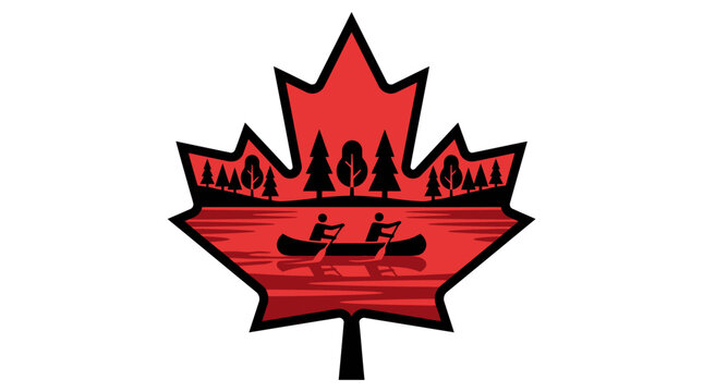Graphic illustration of a red maple leaf with a scenic landscape inside, featuring a canoe on a lake and a forest.