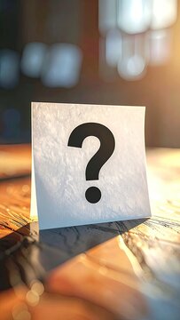 A single black question mark on a white card placed on a wooden surface.