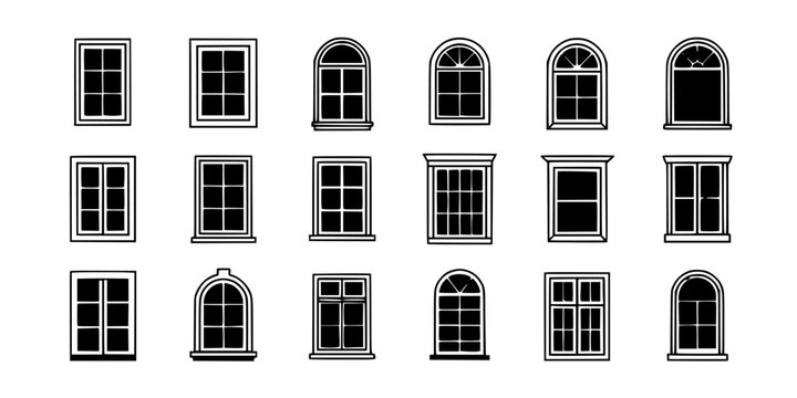 Windows with Various Designs and Styles in a Collection Featuring Architectural, Frames, Panes with Glass and Black and White Elements
