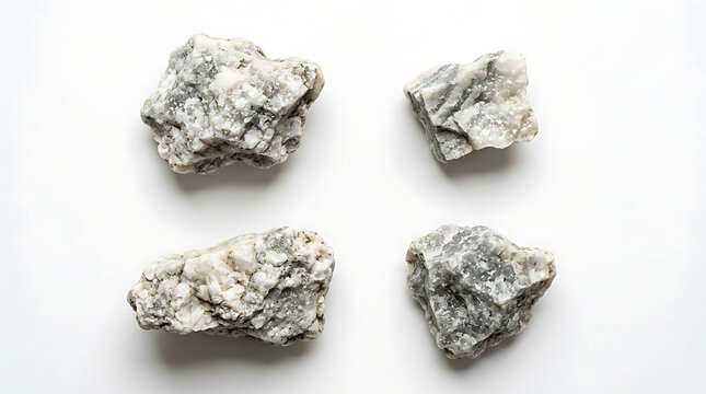 Four pieces of rough unpolished white and gray marble stone isolated on a white background