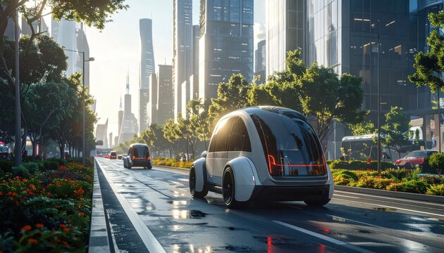 Autonomous white shuttle pod driving on a modern city street.