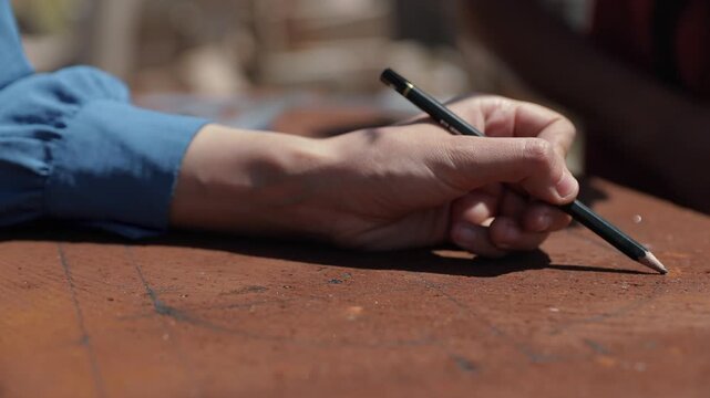 Close-up of a craftsman's hand drawing a pattern on Ahlat stone. Traditional craftsmanship and design process.
