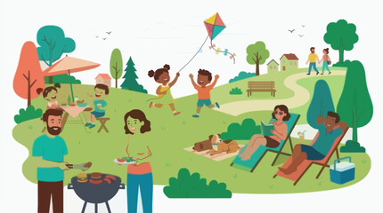 Naklejka premium Flat Vector Illustration Family Picnic Park Summer Outdoor Scene Commercial Use
