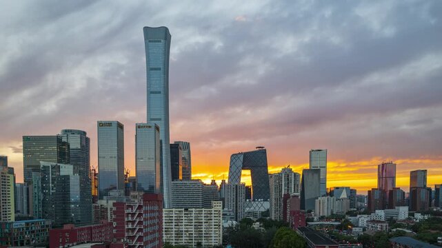 Beijing CBD skyline at sunset with modern skyscrapers in China in Beijing, China
