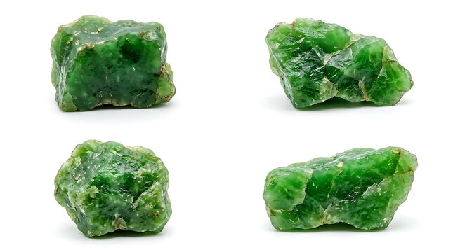 Four rough green gemstones isolated on a white background, raw emeralds