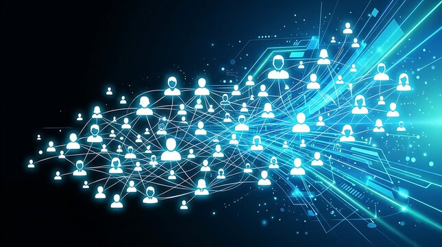 Digital network nodes connecting with glowing blue light trails in futuristic technology background