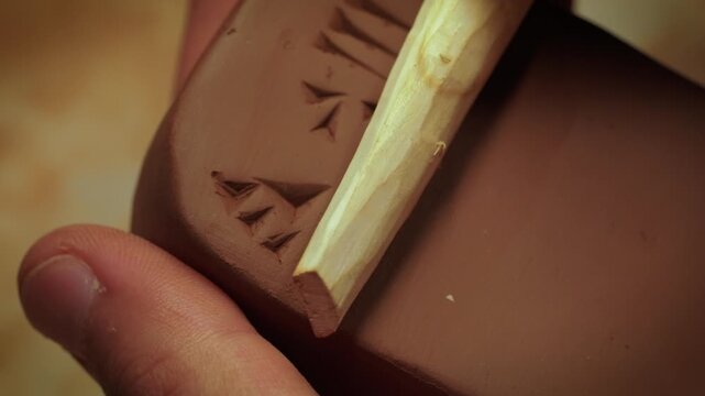 Macro close-up of a craftsman's hand using a wooden stylus to engrave cuneiform script onto a clay tablet. Ancient writing techniques.