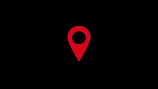GPS location pin icon animation with map marker and navigation pointer on black background.