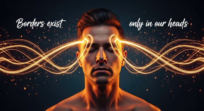 A man with glowing lines emanating from his eyes represents freedom and limitless possibilities in his mind.
