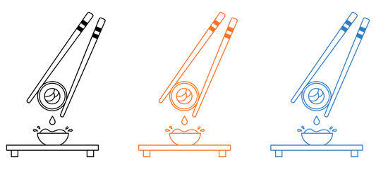 Set of three minimalist sushi roll icons with chopsticks and soy sauce dip on white background. © akram