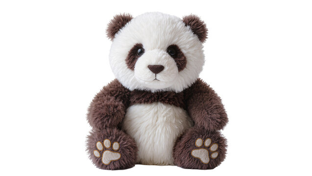 Fluffy plush panda toy with brown and white fur, isolated on transparent background