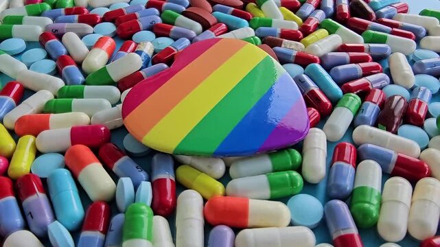 Colorful pills scattered on a surface with a rainbow heart in the center showcasing a vibrant display