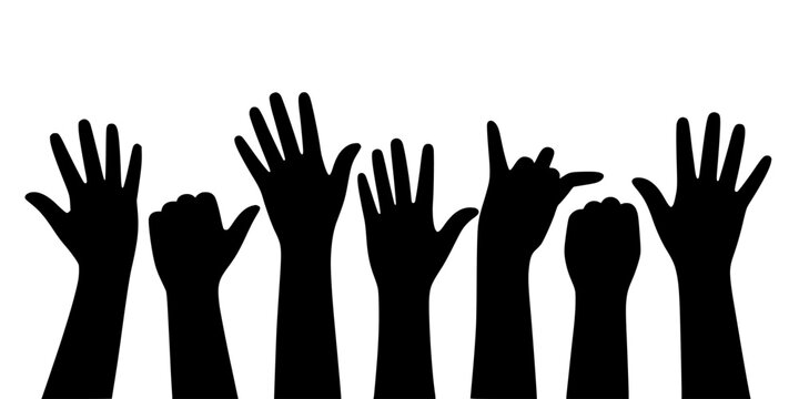 Hands Raised in Solidarity with Different Gestures and Poses Featuring Unity, Diversity, Black with Silhouette and Group Elements for People