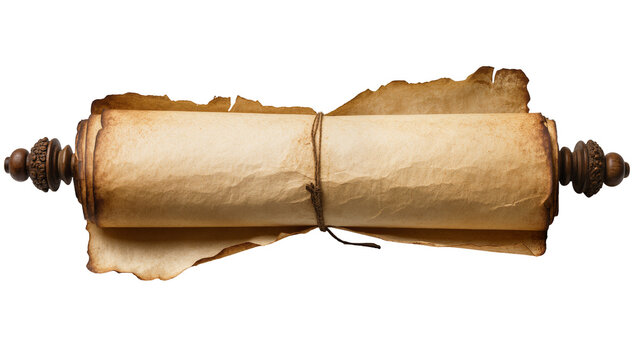 Antique parchment scroll with wooden finials tied with twine, isolated on transparent background