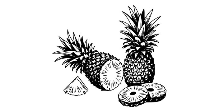 Pineapples with Slices and Wedge in a Black and White Illustration Featuring Pineapple, Fruit, Tropical with Sliced and Drawing Elements for Food