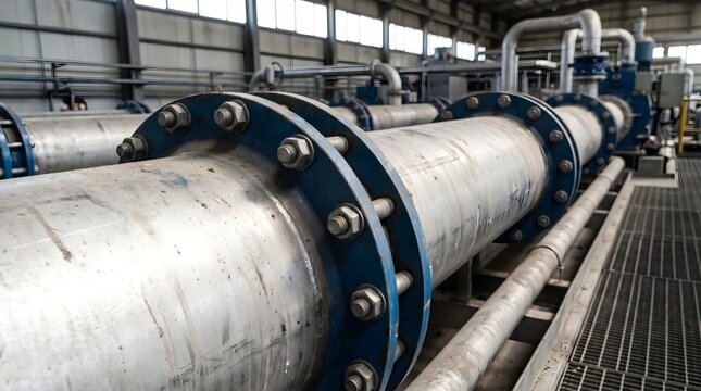 Industrial steel pipe system with blue flange connections inside a large bright modern manufacturing facility