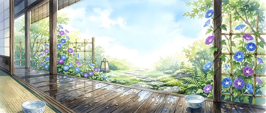 朝顔 と打ち水と縁側