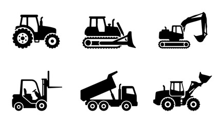 Construction Vehicle Icons Set, Heavy Machinery Vector Graphics, Industrial Equipment Collection © Sajib