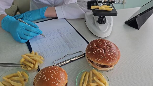 Food testing of burgers and fries in a lab setting with data analysis in progress