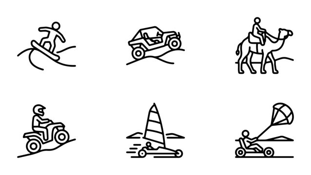 Outdoor Adventure Icons: Dune Buggy, Camel Ride, ATV, Kite Surfing