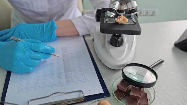 Quality check of chocolate samples in a lab setting during afternoon hours