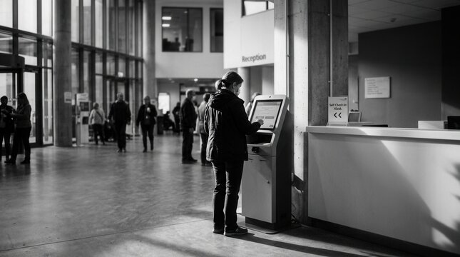 Modern Building Interior With People Using Self Check In Kiosk Options