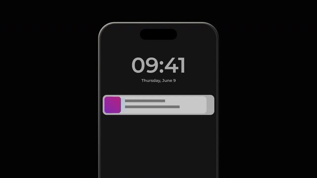 Mobile Push Notification Feed Animation on Smartphone Screen with Continuous Alert Updates and Transparent Background