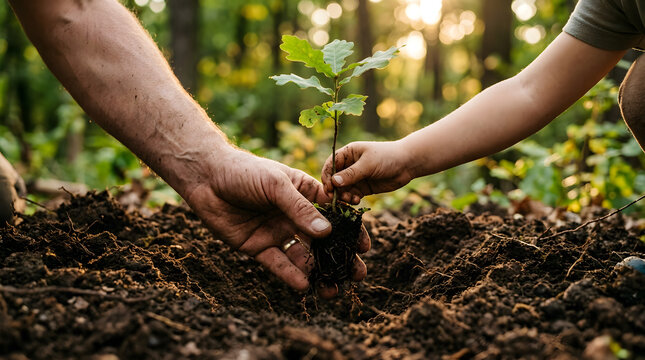 Hands of adult and child planting a young oak tree sapling in rich dark soil during golden hour. Symbolizing environmental conservation, reforestation, sustainability, and legacy in nature.