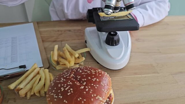 Testing food quality in a lab with burgers and fries using a microscope and tools