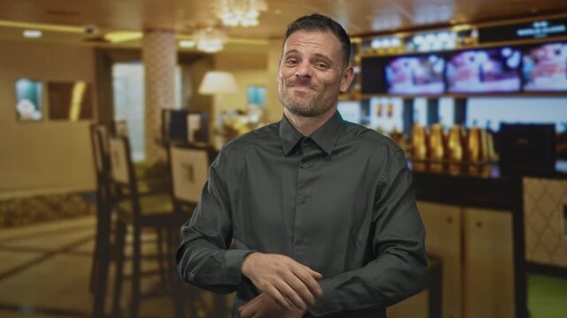 Man shrugging with palms up showing hands at a bar counter inside a building with tv screens and bottles visible, slight smirk on face; resignation.