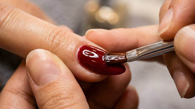 Professional Manicurist Applying Deep Red Glossy Polish to a Client's Fingernail in a Beauty Salon, Macro Close-up of Nail Art Service with Precise Brush Technique for Elegant Grooming.