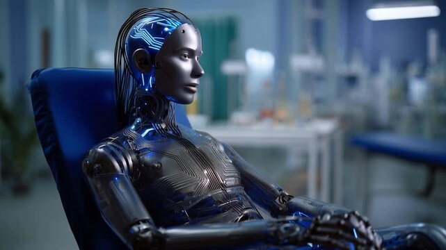 Blue-lit humanoid rests in medical chair