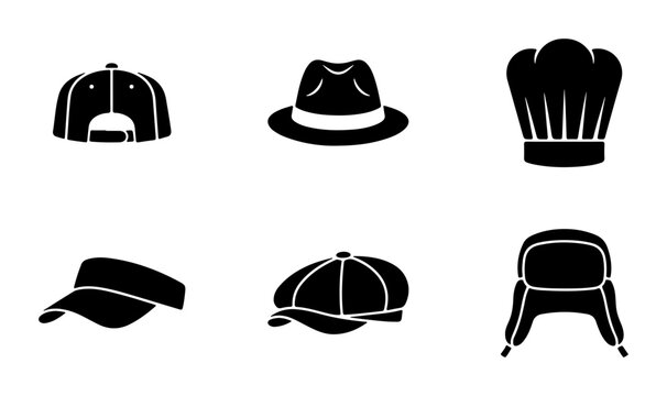 Diverse Headwear Icons: Caps, Hats, Chef Hat, Visor, Flat Cap, Ushanka
