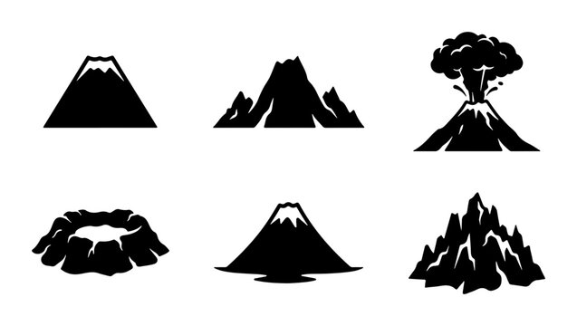 Volcano Icons Set, Mountain Eruption Symbols, Geological Hazard Graphics